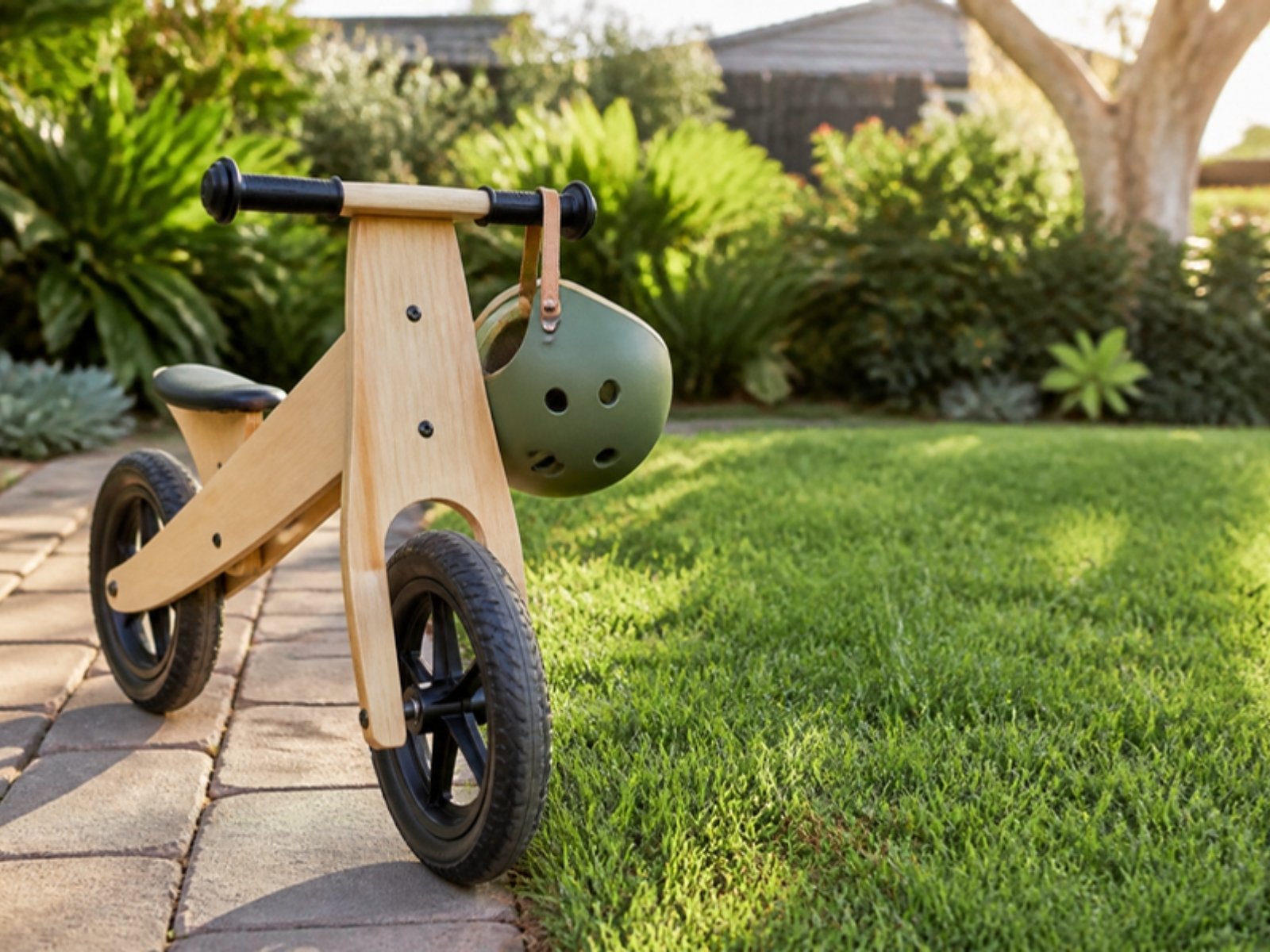 Wooden balance bike and helmet on a backyard path